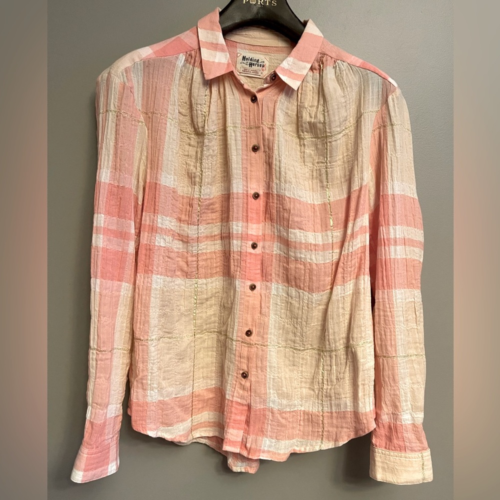 Anthro Holding Horses | Oversized Plaid Cotton Button-down - pit to pit 21”